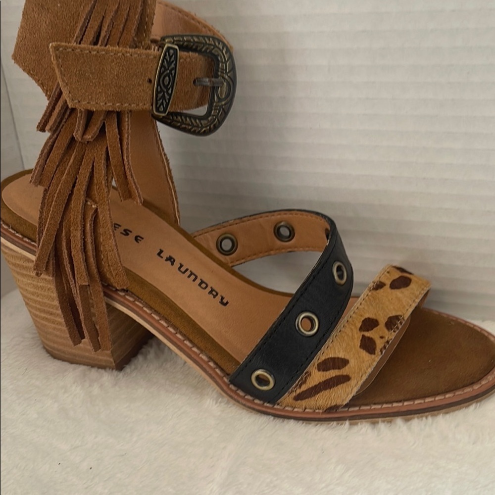 Chinese Laundry Tan and Black Heels with Chunky Heel and Ankle Strap